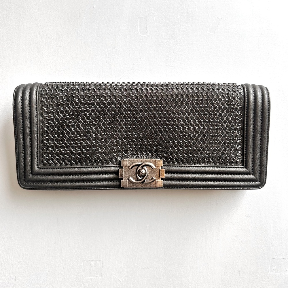 Chanel Metallic Grey Chainmail Leather Boy Clutch